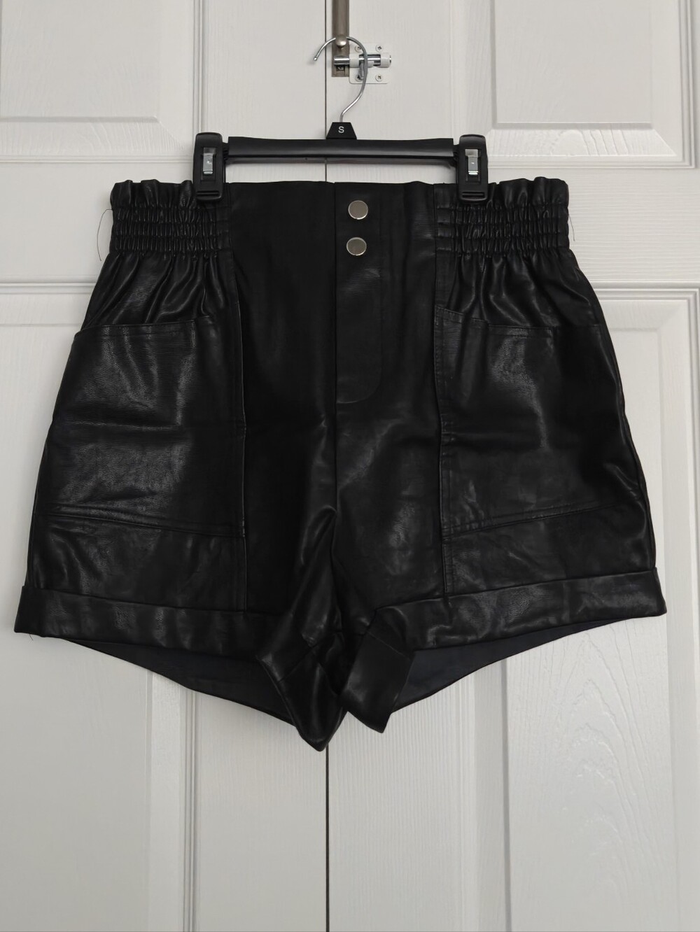 High-Waist Black Faux Leather Shorts with Smocked Waist